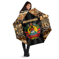 Mozambique Umbrella with Black Brown Tribal Design and National Emblem - Wonder Print Shop