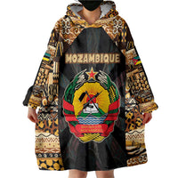 Mozambique Wearable Blanket Hoodie with Black Brown Tribal Design and National Emblem - Wonder Print Shop
