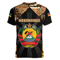 Mozambique Women V-Neck T-Shirt with Black Brown Tribal Design and National Emblem - Wonder Print Shop