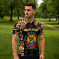 Mozambique Zipper Polo Shirt with Black Brown Tribal Design and National Emblem - Wonder Print Shop