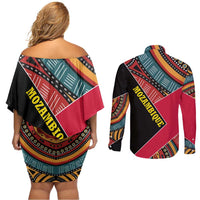 Mozambique Couples Matching Off Shoulder Short Dress and Long Sleeve Button Shirt with Red Black Geometric Design and Tribal Pattern - Wonder Print Shop
