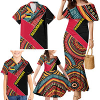 Mozambique Family Matching Mermaid Dress and Hawaiian Shirt with Red Black Geometric Design and Tribal Pattern - Wonder Print Shop