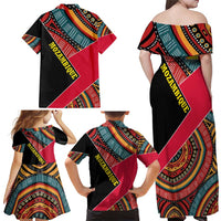 Mozambique Family Matching Off Shoulder Maxi Dress and Hawaiian Shirt with Red Black Geometric Design and Tribal Pattern - Wonder Print Shop