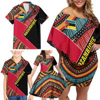 Mozambique Family Matching Off Shoulder Short Dress and Hawaiian Shirt with Red Black Geometric Design and Tribal Pattern - Wonder Print Shop