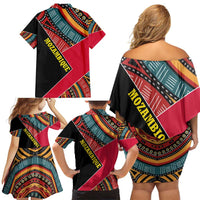 Mozambique Family Matching Off Shoulder Short Dress and Hawaiian Shirt with Red Black Geometric Design and Tribal Pattern - Wonder Print Shop
