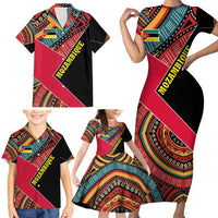Mozambique Family Matching Short Sleeve Bodycon Dress and Hawaiian Shirt with Red Black Geometric Design and Tribal Pattern - Wonder Print Shop