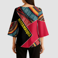 Mozambique Kimono Sleeve Blouse with Red Black Geometric Design and Tribal Pattern - Wonder Print Shop