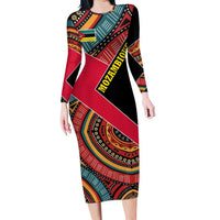 Mozambique Long Sleeve Bodycon Dress with Red Black Geometric Design and Tribal Pattern - Wonder Print Shop