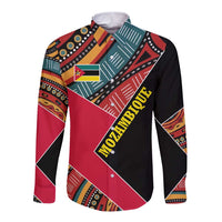 Mozambique Long Sleeve Button Shirt with Red Black Geometric Design and Tribal Pattern - Wonder Print Shop