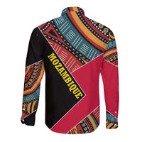 Mozambique Long Sleeve Button Shirt with Red Black Geometric Design and Tribal Pattern - Wonder Print Shop