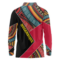 Mozambique Long Sleeve Polo Shirt with Red Black Geometric Design and Tribal Pattern - Wonder Print Shop