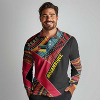 Mozambique Long Sleeve Polo Shirt with Red Black Geometric Design and Tribal Pattern - Wonder Print Shop