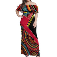 Mozambique Off Shoulder Maxi Dress with Red Black Geometric Design and Tribal Pattern - Wonder Print Shop