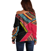 Mozambique Off Shoulder Sweater with Red Black Geometric Design and Tribal Pattern - Wonder Print Shop