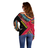 Mozambique Off Shoulder Sweater with Red Black Geometric Design and Tribal Pattern - Wonder Print Shop