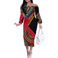 Mozambique Off The Shoulder Long Sleeve Dress with Red Black Geometric Design and Tribal Pattern - Wonder Print Shop