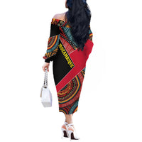 Mozambique Off The Shoulder Long Sleeve Dress with Red Black Geometric Design and Tribal Pattern - Wonder Print Shop
