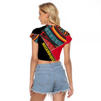 Mozambique Raglan Cropped T Shirt with Red Black Geometric Design and Tribal Pattern - Wonder Print Shop