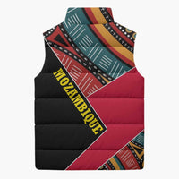 Mozambique Sleeveless Puffer Jacket with Red Black Geometric Design and Tribal Pattern - Wonder Print Shop