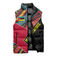 Mozambique Sleeveless Puffer Jacket with Red Black Geometric Design and Tribal Pattern - Wonder Print Shop