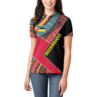 Mozambique Women Polo Shirt with Red Black Geometric Design and Tribal Pattern - Wonder Print Shop