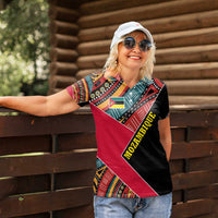 Mozambique Women Polo Shirt with Red Black Geometric Design and Tribal Pattern - Wonder Print Shop