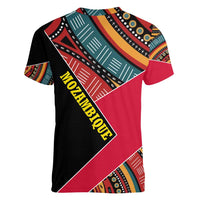 Mozambique Women V-Neck T-Shirt with Red Black Geometric Design and Tribal Pattern - Wonder Print Shop