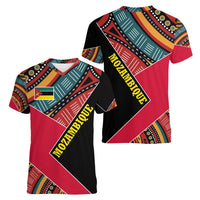 Mozambique Women V-Neck T-Shirt with Red Black Geometric Design and Tribal Pattern - Wonder Print Shop