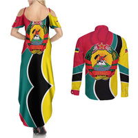 Mozambique Couples Matching Summer Maxi Dress and Long Sleeve Button Shirt with Red Yellow Green Wave Design and National Emblem - Wonder Print Shop