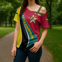 Mozambique Cross Shoulder Shirt with Red Yellow Green Wave Design and National Emblem - Wonder Print Shop