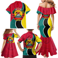 Mozambique Family Matching Mermaid Dress and Hawaiian Shirt with Red Yellow Green Wave Design and National Emblem - Wonder Print Shop