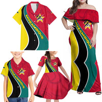 Mozambique Family Matching Off Shoulder Maxi Dress and Hawaiian Shirt with Red Yellow Green Wave Design and National Emblem - Wonder Print Shop