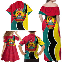 Mozambique Family Matching Off Shoulder Maxi Dress and Hawaiian Shirt with Red Yellow Green Wave Design and National Emblem - Wonder Print Shop