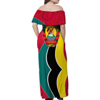 Mozambique Family Matching Off Shoulder Maxi Dress and Hawaiian Shirt with Red Yellow Green Wave Design and National Emblem - Wonder Print Shop