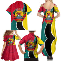 Mozambique Family Matching Summer Maxi Dress and Hawaiian Shirt with Red Yellow Green Wave Design and National Emblem - Wonder Print Shop
