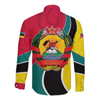 Mozambique Long Sleeve Button Shirt with Red Yellow Green Wave Design and National Emblem - Wonder Print Shop