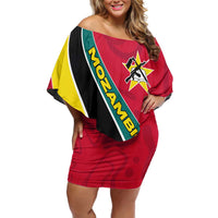 Mozambique Off Shoulder Short Dress with Red Yellow Green Wave Design and National Emblem - Wonder Print Shop