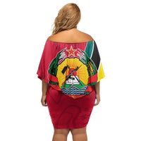 Mozambique Off Shoulder Short Dress with Red Yellow Green Wave Design and National Emblem - Wonder Print Shop