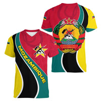 Mozambique Women V-Neck T-Shirt with Red Yellow Green Wave Design and National Emblem - Wonder Print Shop