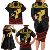 Mozambique Family Matching Long Sleeve Bodycon Dress and Hawaiian Shirt with Black Red Tribal Design and National Map Pattern - Wonder Print Shop