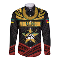 Mozambique Long Sleeve Button Shirt with Black Red Tribal Design and National Map Pattern - Wonder Print Shop