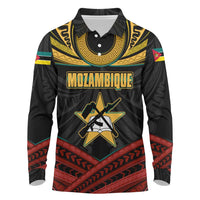 Mozambique Long Sleeve Polo Shirt with Black Red Tribal Design and National Map Pattern - Wonder Print Shop