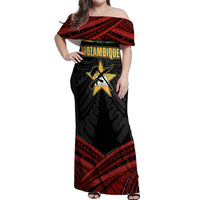 Mozambique Off Shoulder Maxi Dress with Black Red Tribal Design and National Map Pattern - Wonder Print Shop