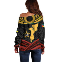 Mozambique Off Shoulder Sweater with Black Red Tribal Design and National Map Pattern - Wonder Print Shop