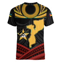 Mozambique Women V-Neck T-Shirt with Black Red Tribal Design and National Map Pattern - Wonder Print Shop
