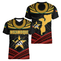 Mozambique Women V-Neck T-Shirt with Black Red Tribal Design and National Map Pattern - Wonder Print Shop