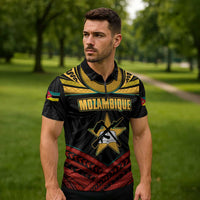 Mozambique Zipper Polo Shirt with Black Red Tribal Design and National Map Pattern - Wonder Print Shop