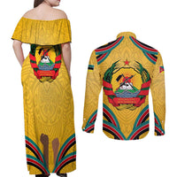 Mozambique Couples Matching Off Shoulder Maxi Dress and Long Sleeve Button Shirt with Yellow Red Green Swirl Design and Independence Day - Wonder Print Shop