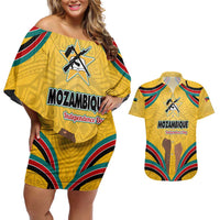 Mozambique Couples Matching Off Shoulder Short Dress and Hawaiian Shirt with Yellow Red Green Swirl Design and Independence Day - Wonder Print Shop