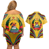 Mozambique Couples Matching Off Shoulder Short Dress and Hawaiian Shirt with Yellow Red Green Swirl Design and Independence Day - Wonder Print Shop